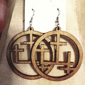 Wood Cross Circle Earrings